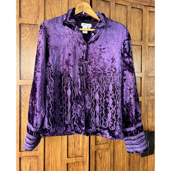 Coldwater Creek Purple Cardigan Jacket SZ M Velvet Button Uo Cropped Embellished - Picture 1 of 10